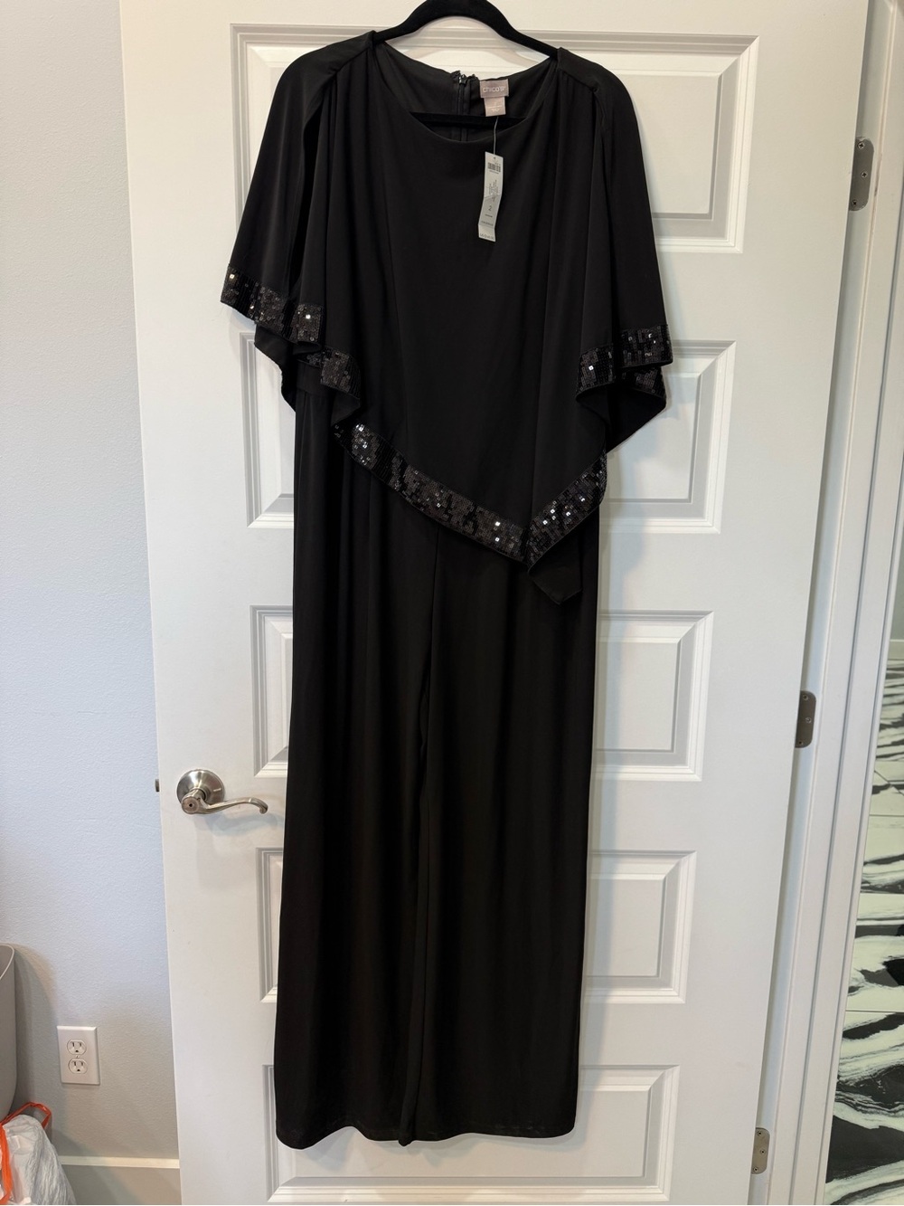 Chico's Formal Cape Overlay Sequin Trim Jumpsuit